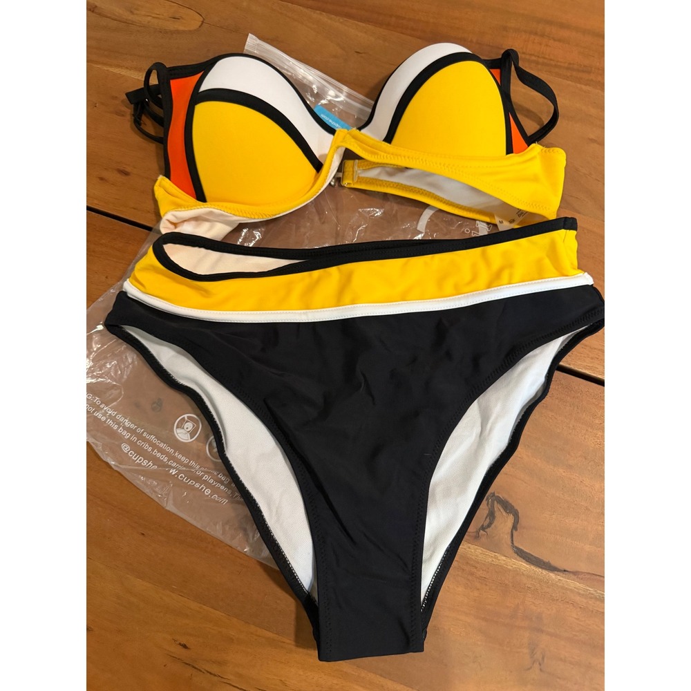 Cupshe Bikini Swimsuit Yellow Orange Black High Waisted Push Up Women's Medium